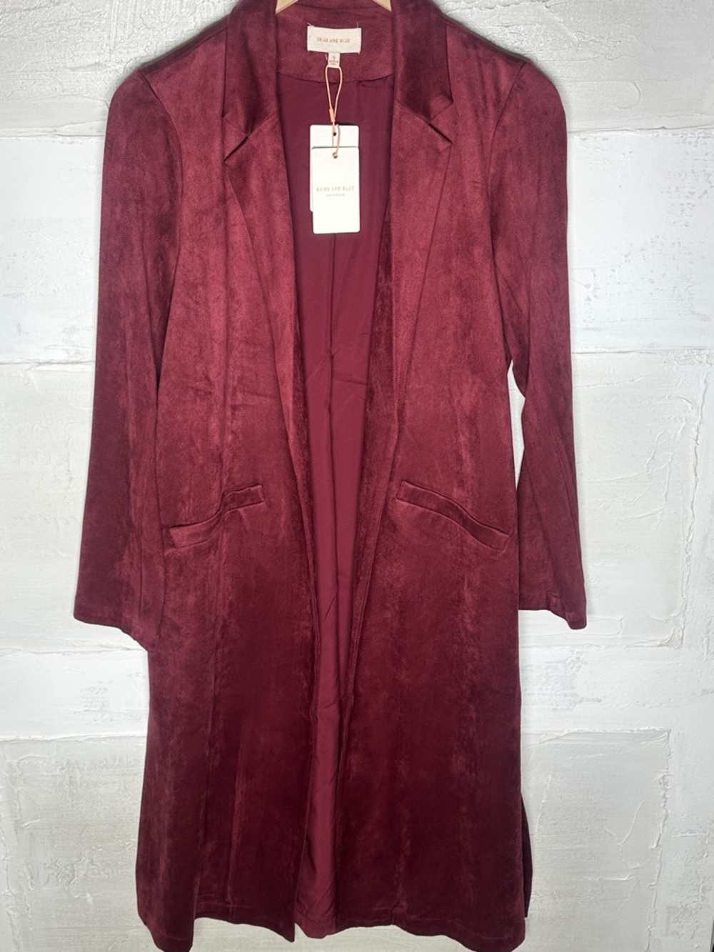 New with tags. Duster cardigan blazer faux suede. Skies are Blue. Burgundy wine
